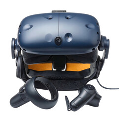 Immersive virtual reality headset and controllers on black background.