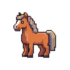 Simple pixel horse sprite, bright chestnut coat, minimal background, farm animal icon, nostalgic retro game graphic
