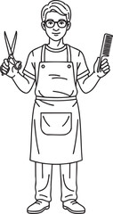 Line art illustration of a friendly male barber holding scissors and a comb.