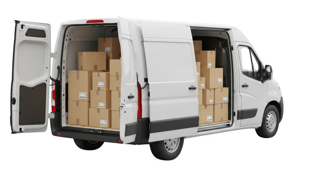 Ilustrasi delivery van loaded with packages menampilkan komposisi white, merchandise, service, transportation, van dengan tampilan realistis. - Powered by Adobe