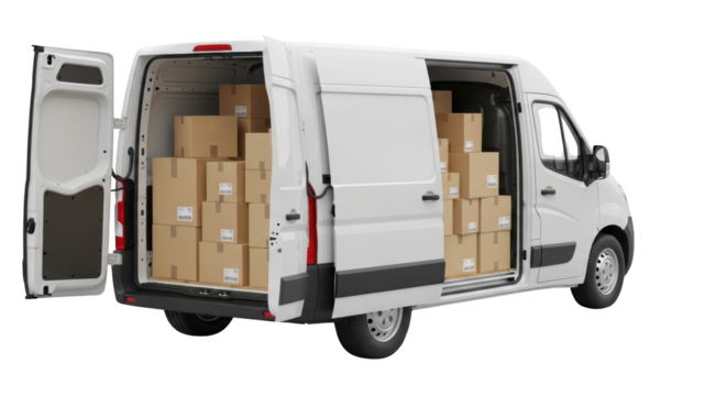 Ilustrasi delivery van loaded with packages menampilkan komposisi white, merchandise, service, transportation, van dengan tampilan realistis.