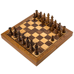 Wooden chessboard with wooden pieces on a black background.
