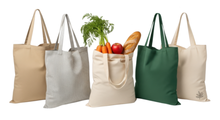 Visual ecofriendly reusable shopping bags isolated on white background yang menonjolkan keindahan sustainability, vegetables, shopping, zero-waste,.