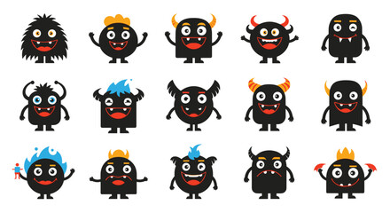 A collection of unique and quirky cartoon monsters with different expressions and accessories.