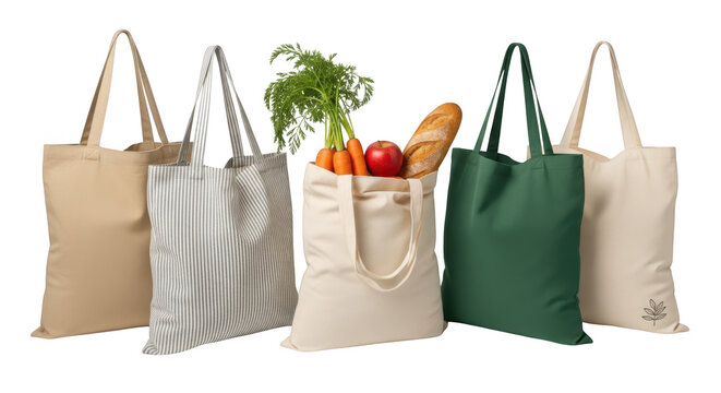 Visual ecofriendly reusable shopping bags isolated on white background yang menonjolkan keindahan sustainability, vegetables, shopping, zero-waste,.