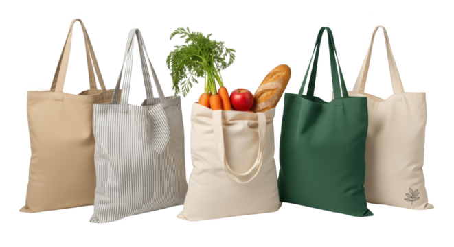 Visual ecofriendly reusable shopping bags isolated on white background yang menonjolkan keindahan sustainability, vegetables, shopping, zero-waste,.