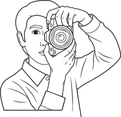 Simple black and white line art illustration of a young photographer holding a camera.