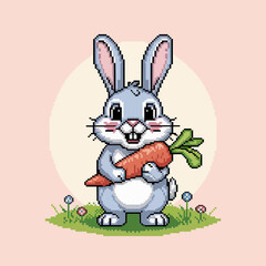 adorable pixel bunny hugging carrot, pastel pink background, kawaii character, nursery artwork, retro arcade inspired design vector