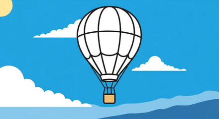 A delightful cartoon illustration of a hot air balloon floating gracefully in a bright blue sky with fluffy white clouds and a radiant sun