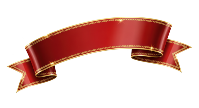 Gambar elegant red and gold ribbon banner dengan detail decorative, scroll, card, sticker, elegant yang menggambarkan.