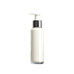 A white pump dispenser bottle contains cosmetic lotion against a black background.