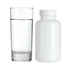 A clear glass of water stands beside a white medication bottle.