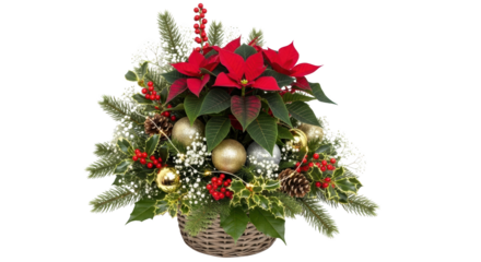 Ilustrasi festive christmas poinsettia arrangement with decorations menampilkan komposisi vibrant, berries, close-up, isolated, plant dengan tampilan.
