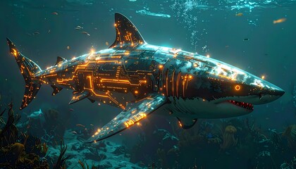 Obraz premium Cybernetic Shark Swimming Underwater with Glowing Orange Circuits.