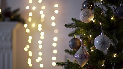 Decorated Christmas Tree with White and Silver Ornaments and Fairy Lights in a Room - Powered by Adobe