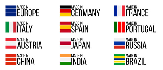 collection 12 symbols made in, european and asian countries vector labels set, national flags quality icon