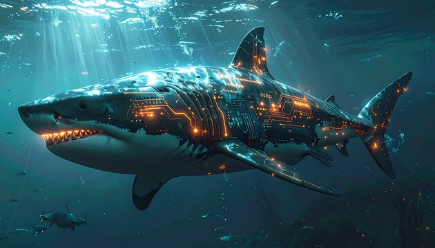 Futuristic Cybernetic Shark Swimming in Deep Blue Ocean Waters.