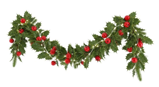 Gambar festive holly garland with red berries and lights dengan detail green, decoration, smooth, twig, pattern.
