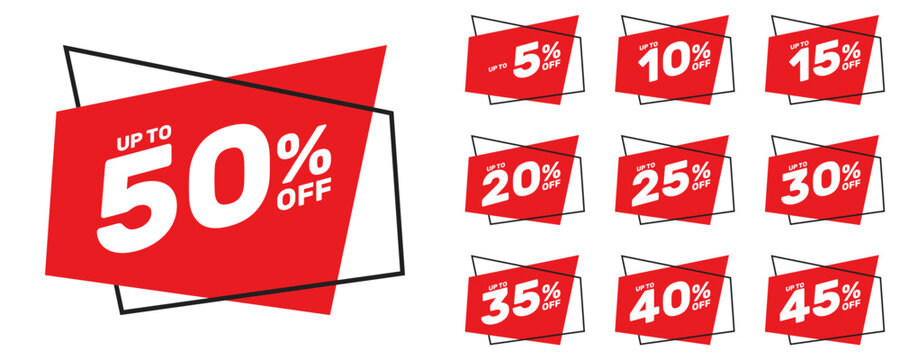 up to 5 10 15 20 25 30 35 40 45 50 percent off, vector advertising banner or season discount collection