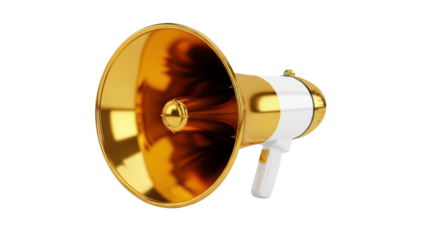 Mockup golden megaphone or bullhorn isolated on a white background bergaya elegan dengan elemen golden, metallic,.