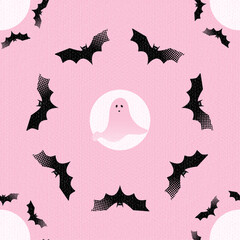 Halloween seamless pattern Bats and ghost on pink background spooky spirit autumn holiday Vector illustration