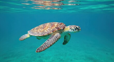 Fototapeta premium Sea turtle swims in clear blue ocean, light reflecting on water surface