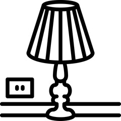 Simple outline illustration of a classic table lamp with a conical shade next to an electrical outlet on a flat surface against a transparent background