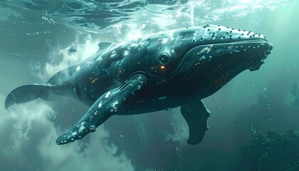 Fototapeta premium Majestic Humpback Whale Swimming Gracefully in the Deep Blue Ocean.
