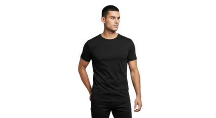 Visual man in black tshirt casual fashion model yang menonjolkan keindahan studio, clothing model, garment, tee,.