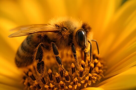 Macro detail of a honeybee pollinating a yellow sunflower in soft natural light