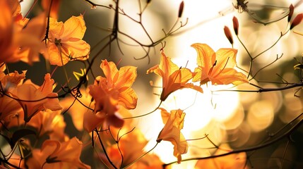Warm Soft Sunset Light Gently Illuminates a Lush Canopy of Vibrant Orange Flowers—Highlighting Petal Details and Creating a Romantic, Golden-Hued Ambiance Ideal for Nature or Floral Visuals.
