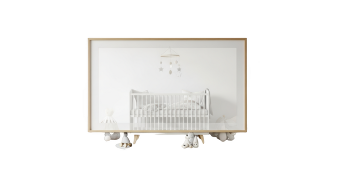 Ilustrasi minimalist white baby crib in a bright nursery room menampilkan komposisi baby, cozy, infant, nursery,.