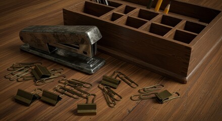 Rustic desk organizer and supplies rest on a wooden surface.