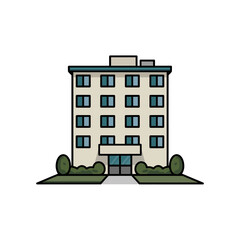 Obraz premium Front elevation apartment block, multiple windows, central entry path, landscaped grounds, urban housing facade, clean vector design