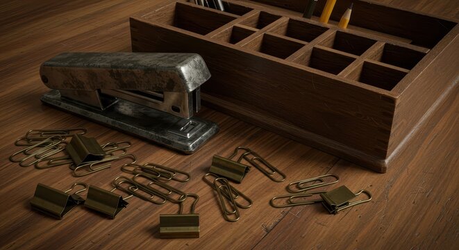 Rustic desk organizer and supplies rest on a wooden surface.
