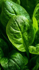 Obraz premium Fresh spinach leaves glistening in the sunlight in a garden setting