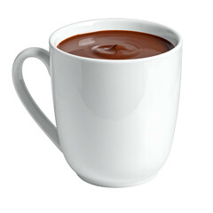 White mug filled with warm, delicious chocolate beverage against a black background.