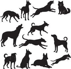A collection of black vector silhouettes of various dogs in different dynamic poses.