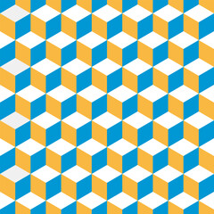 seamless 3d block shape texture, Isometric three-dimensional blue white yellow cubes background, geometrical illusion vector illustration
