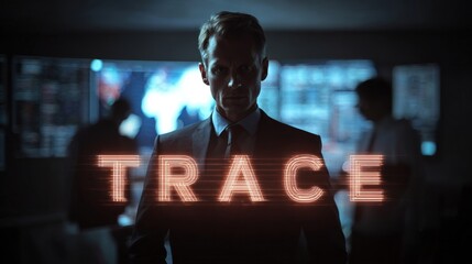 A focused Caucasian man in a suit stands confidently against a dynamic digital backdrop, embodying the theme of surveillance and data analysis.