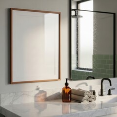 Mockup poster frame in modern bathroom interior with marble countertop, amber soap dispenser, towels, and sleek minimalist decor