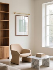 Mockup poster frame in stylish modern living room interior with beige armchair, marble coffee table, wooden bookshelf, and large window