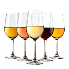 Five wine glasses filled with different colored beverages are displayed.