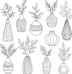 A collection of handdrawn black and white doodlestyle vases with various patterns holding simple botanical branches and leaves.