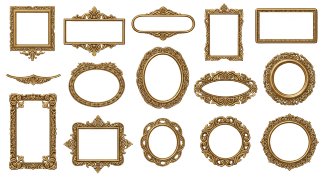 Visual ornate golden frames collection isolated yang menonjolkan keindahan blank, flourish, template, decorative, detail secara alami.