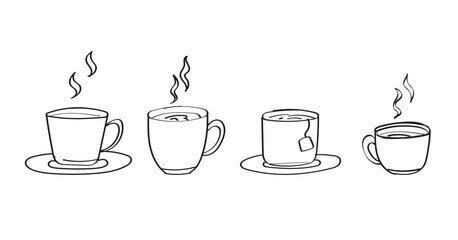 Set of various types of coffee and tea cups, hand drawn various coffee drinks