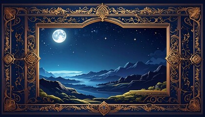 月明かりに照らされた幻想的な夜の装飾フレーム3