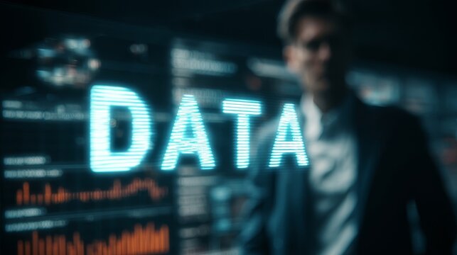 A young Caucasian man in a suit stands in front of a futuristic data display, conveying a sense of technology and analytics. - Powered by Adobe