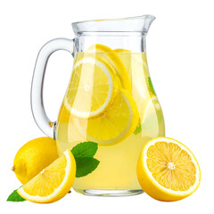 Refreshing pitcher of lemonade with lemons and mint leaves.