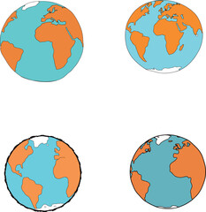 Four Cartoon Earth Globes
